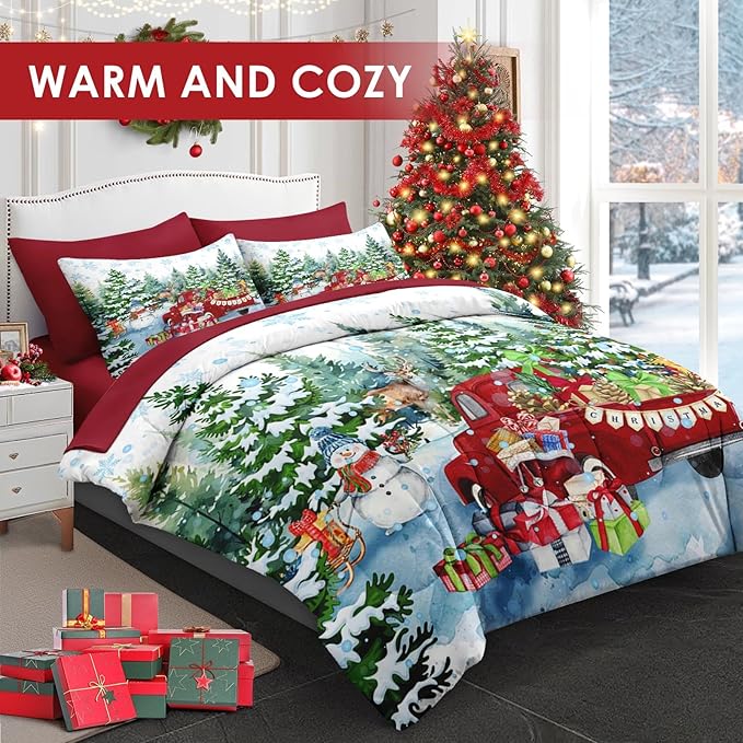 5 Pcs Twin Size Christmas Comforter Set with Pillowcase & Sham, Red Vintage Truck Snowman Bedding for Kids and Adults, Winter Snow Forest Elk Bed in a Bag with Flat Fitted Sheet