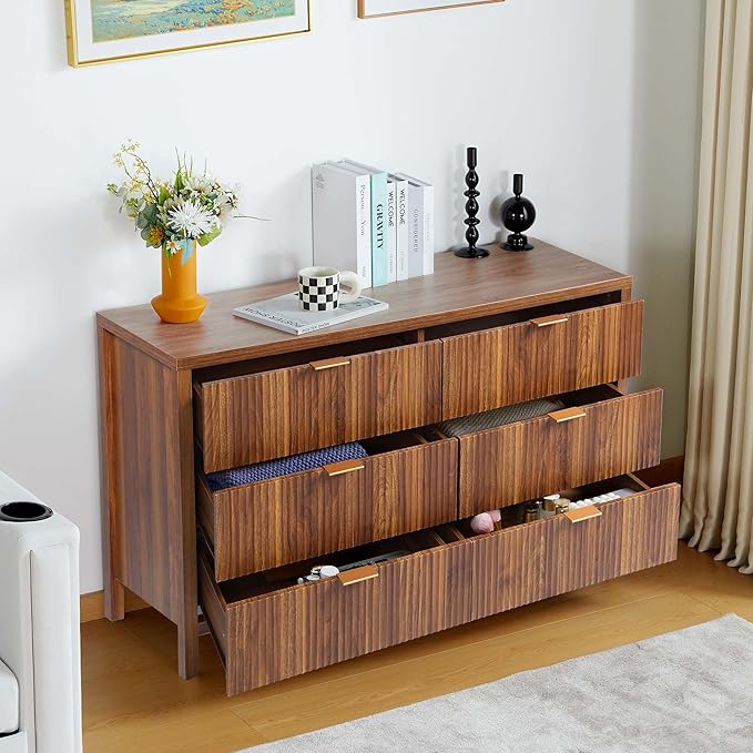 Fluted 6 Drawer Double Dresser for Bedroom, 47" Wide Modern Closet Dressers Chest of Drawers, Wood Storage Dresser Organizer for Nursery Bedroom Living Room Hallway Closet, Walnut