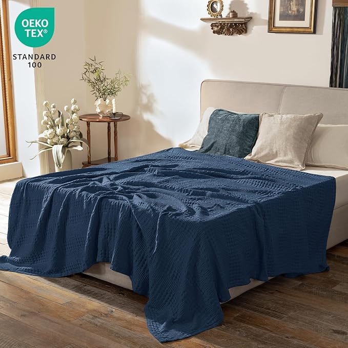 PHF Cooling Waffle Blanket Twin Size, Lightweight 60% Rayon Derived from Bamboo & 40% Cotton Breathable Blanket for Hot Sleepers, Soft and Luxury for Bed Couch and Sofa, 66"x90", Navy Blue