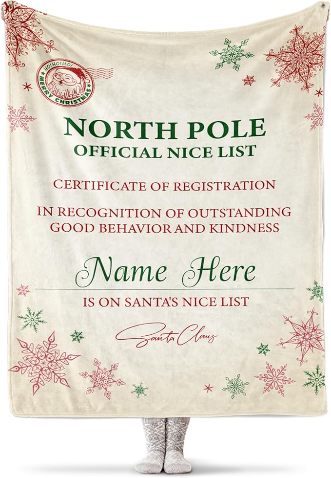 Custom Christmas Blanket, Santa’s Nice List - Ships Next Day, Printed in USA - Warm Fleece or Sherpa Sofa Throw, Cute Holiday Décor - Customizable Family Throws (Fleece 30x40)