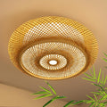 15.7 in Bamboo Woven Rattan-Style Ceiling Light, Boho Ceiling Light Fixture with Remote, LED Dimmable Ceiling Light, Boho Light Fixture for Bedroom Living Room Dining Room Light