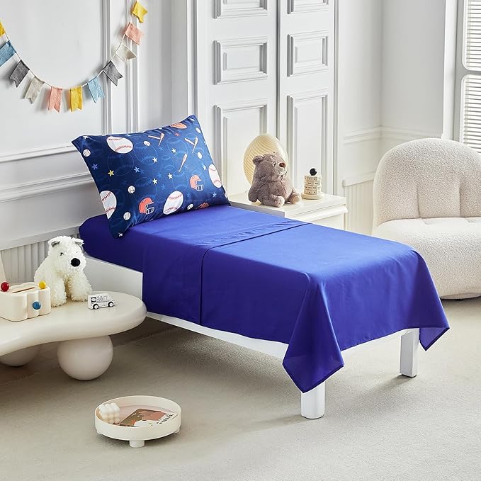 4 Pieces Baseball Toddler Bedding Set for Boys Gilrs Navy Blue White Stars Toddler Bed Set with Baseball Bat Cap Gloves Cute Toddler Bed in a Bag with Navy Blue Sheet Set and Pillow Shams