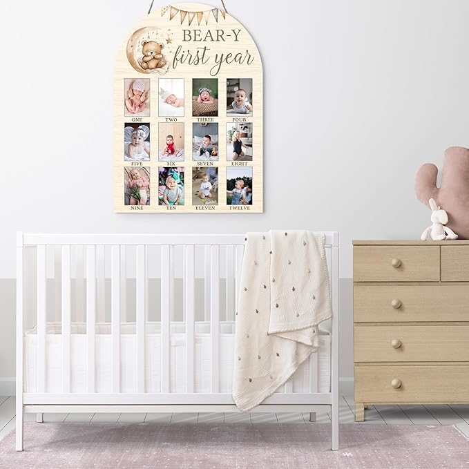 My First Year Milestone Photo Board, Bear Baby Milestone Signs, 12 Months Wooden Picture Frame, Nursery Gender Neutral Gifts for Girl Boy, Best Gifts for 1st Birthday Baby Shower Decorations-A06
