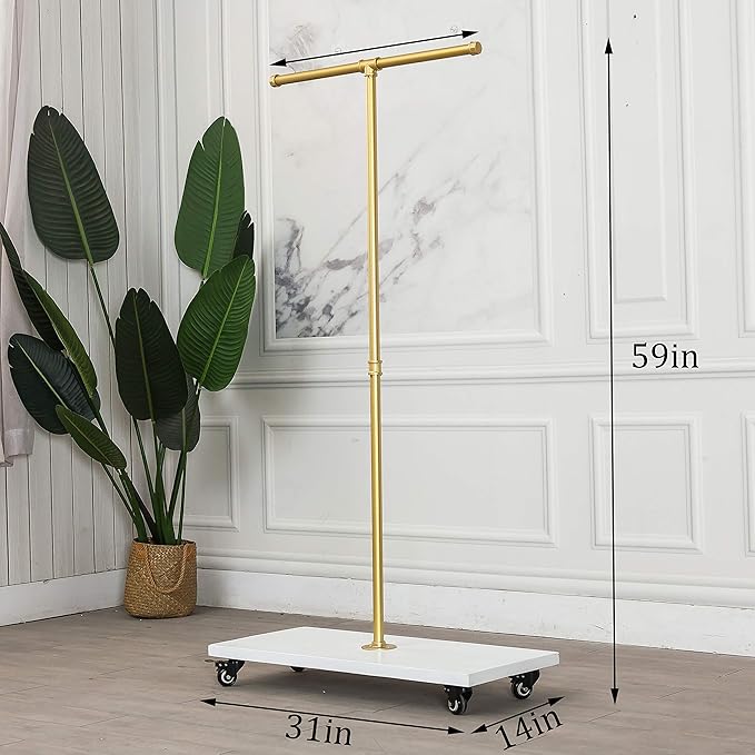 59"Tall,Gold, Industrial Pipe Coat Rack Stand,Rolling garment Rack for Hanging Clothes Retail Display,Free Standing Coat Rack,Hallway/Entryway Coat Hanger Stand for Clothes, Suits, Accessories