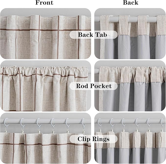 MYSKY HOME 100% Blackout Plaid Farmhouse Linen Curtains 54 Inch Long 2 Panels Set for Small Window Double Layer Windowpane Drapes Thermal Insulated Privacy Protection Rod Pocket Back Tab, 52"W, Brown