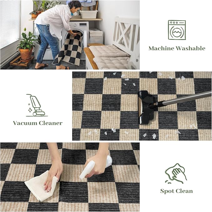 LIVEBOX Machine Washable Area Rug 6x9 Checkered, Non Slip Soft Large Bedroom Living Room Rug Farmhouse Neutral Classic Geometric Boys Rug, Indoor Carpet for Den Dorm Playroom(Black,6'x9')