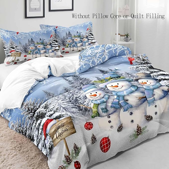 LUVIVIHOME 3PCS Snowman Duvet Cover Queen Bedding Set, Boys Girls Kids Bedding, Red Cardinal Bird Santa Hat Xmas Balls Christmas Tree Winter Holiday Light Blue Christmas Comforter Cover 2 Pillow Cases