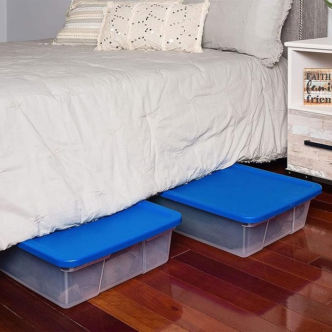 HOMZ 4-Pack Snaplock, Small Clear Plastic Storage Organizer Bins w/Lids, 28 Quart, Blue - Stackable Container Boxes for Bedroom, Bathroom, Garage, and Office Organization