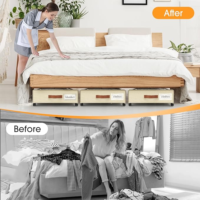 Under Bed Storage with Wheels 3Pack Underbed Storage with Clear Window&Label Under Bed Drawers Large Capacity Rolling Under Bed Storage for Clothes,Shoes, Blankets (Beige)