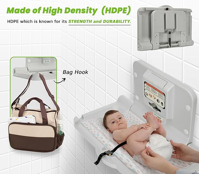 Alpine Wall Mounted Baby Changing Station 2 Pack - Horizontal Baby Changing Table Foldable Diaper Tables with Safety Strap for Commercial Bathroom, ADA Complaint (Hardware Included) White Gray