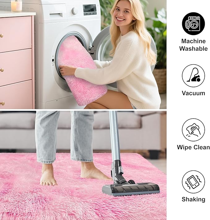 Plush Fluffy Pink Rugs for Bedroom Girls Room 2x6 Runner Pink Area Rug for Bedroom Bedside Living Room Hallway Fuzzy Shag Carpet for Kids Room Nursery