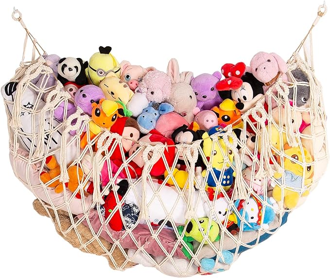 Stuffed Animal Net or Hammock Wall Hanging Net for Stuffed Animal Storage Macrame Toy Display Plush Toy Holder Soft Toy Organizer for Nursery Baby Bedroom Playroom-Cream