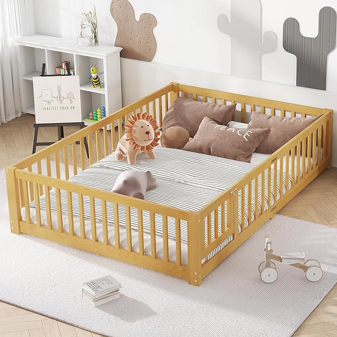 Harper & Bright Designs Queen Size Montessori Bed with Door and Fence, Kid's Floor Bed Frame with Solid Wood Support Slats for Boys, Girls, Natural