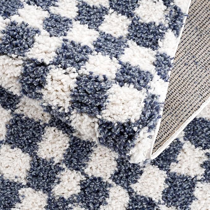 Hauteloom Kieu Contemporary Checkered Fluffy Shag Area Rug - Modern Geometric Soft Carpet Tiles for Living Room, Kids Room, Nursery - Blue, White - 7'10" x 10'