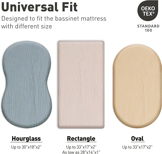 Muslin Bassinet Fitted Sheets, 2 Pack for Baby Boy and Girl, Soft Breathable Stretchy Baby Pad/Mattress Sheet Set, Universal Fit for Hourglass Oval and Rectangle Bassinet Mattress (Bright Colors)