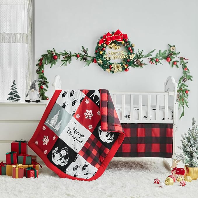 Christmas Gray Crib Bedding Set 3 Pieces New Year Style Quilted Plaid Comforter with Fitted Sheet and Bed Skirt - Cute Snowman Tree Deer Red Black Design Baby Crib Bed Set