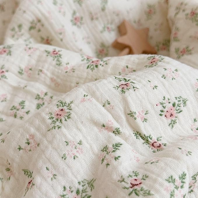 BuLuTu 2-Layer Muslin Cotton Kids Quilt for Twin Bed, Soft Gauze Blanket Lace Edged, Girls Boys Toddler Comforter, Breathable Lightweight, Pomegranate Pattern, 60"x78", Machine Washable