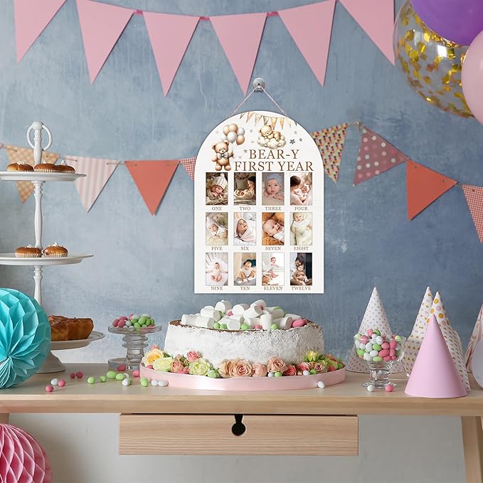 My First Year Photo Board, Bear-Y First Year Baby Milestone Signs for Boys Girls Nursery Decor, 12 Month Wooden Pictures Board for 2x3 Photos, Best Babies Keepsake Gifts-A04