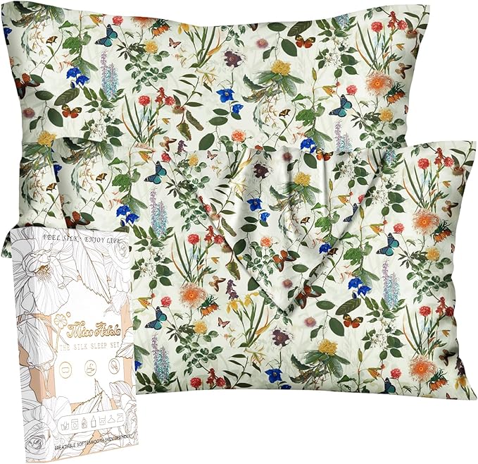 Silk Pillowcase 2 Pack - Cute Pillow Cases 20" x 26" Standard Size Set of 2 for Hair and Skin Smooth Soft Breathable with Hidden Zipper Cooling Pillow Covers for Sleeping, Butterfly Plant