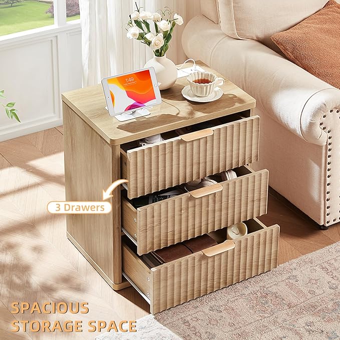 LEYAOYAO 23" Wide Fluted Farmhouse Night Stand Set of 2 with Charging Station, 3 Drawers Large End Table w/Metal Handle, Natural Nightstand Bedside Table,Wood Dresser for Bedroom, Closet