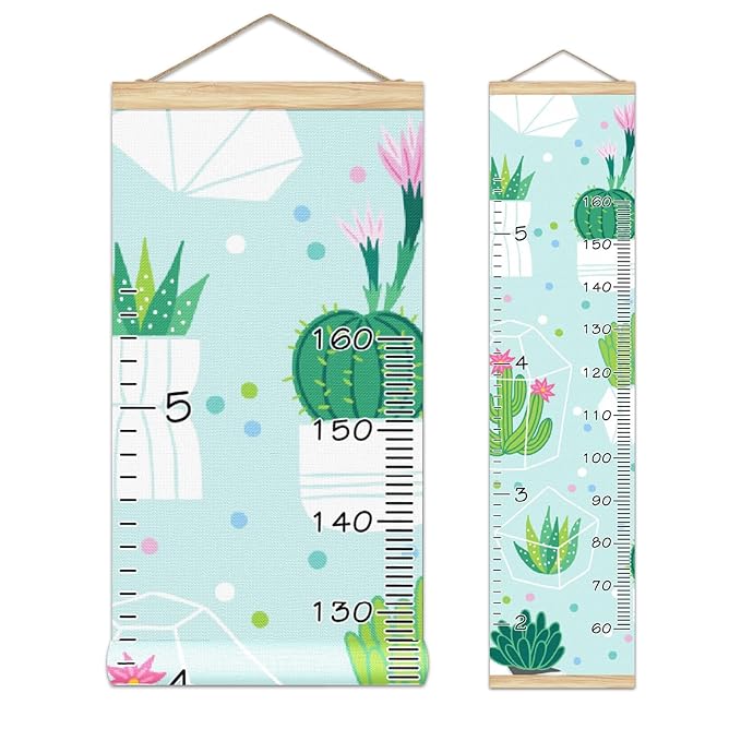 Personalized Kids Name Growth Chart Ruler for Wall Wood Frame Height Measure Chart 13.4x56 in Linen Hanging Height Growth Chart Cactus Green Kids Room Decor