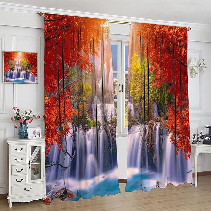 Forest Waterfall Blackout Windows Curtains, Autumn Red Green Maple Leaves Jungle Rainforest Natural Scenery Landscape Curtains, for Living Room Bedroom 63x63in 2 Panels