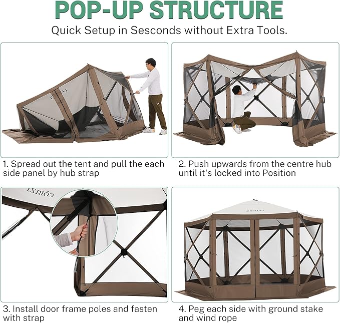COBIZI 12x12ft Pop up Gazebo Screen Tent Screen House for Camping, Camping Outdoor Screened Gazebo, Canopy Tent,Portable Hub with Carrying Bag and Ground Stakes, BrownUpgraded 2.0