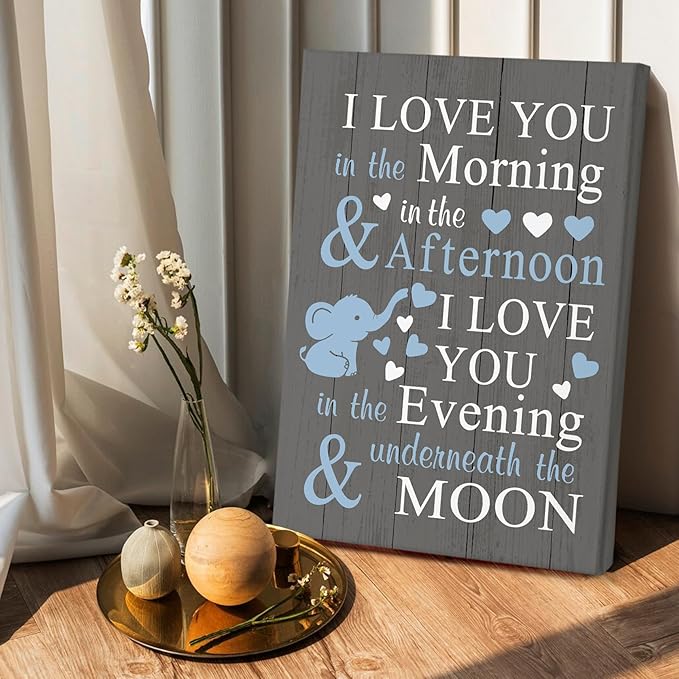 HIWX Baby Elephant Nursery Decor, I Love You In The Morning Sign Framed Canvas Painting Wall Art Decor, Elephant Wall Art, Baby Wall Art Home Decoration For Room Bedroom 14x16