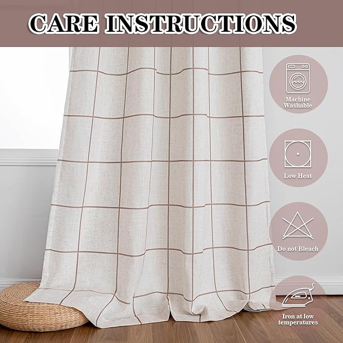 MYSKY HOME 100% Blackout Plaid Linen Curtains 45 Inches Long Double Layer Farmhouse Thermal Insulated Checkered Print Drapes with Rod Pocket Back Tab for Small Window, 2 Panels, 52" Wide, Brown
