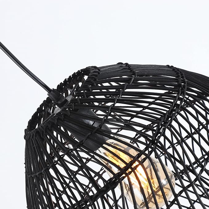 Bamboo Pendant Light Fixture Boho Style 1 Lights Rattan Pendant Lamp Woven Hanging Light for Kitchen Island Nursery in Black(13.7" W)