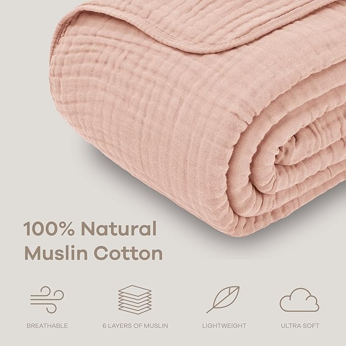 Comfy Cubs Muslin Blanket for Adults Queen 90" x 90" - 6 Layer Soft, Breathable & Lightweight Muslin Adult Blanket - Machine Washable & Designed in The US Bedding for All Seasons - Blush