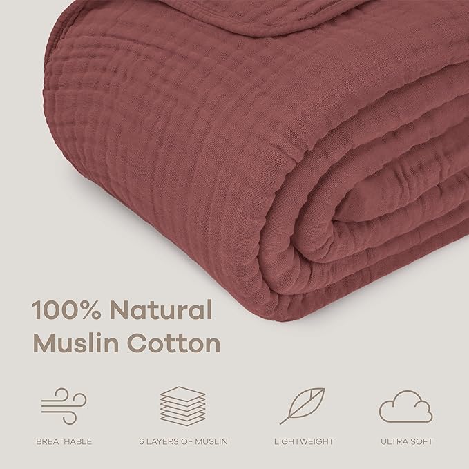 Comfy Cubs Muslin Blanket for Adults Twin 90" x 66" - 6 Layer Soft, Breathable & Lightweight Muslin Adult Blanket - Machine Washable & Designed in The US Bedding for All Seasons - Wine