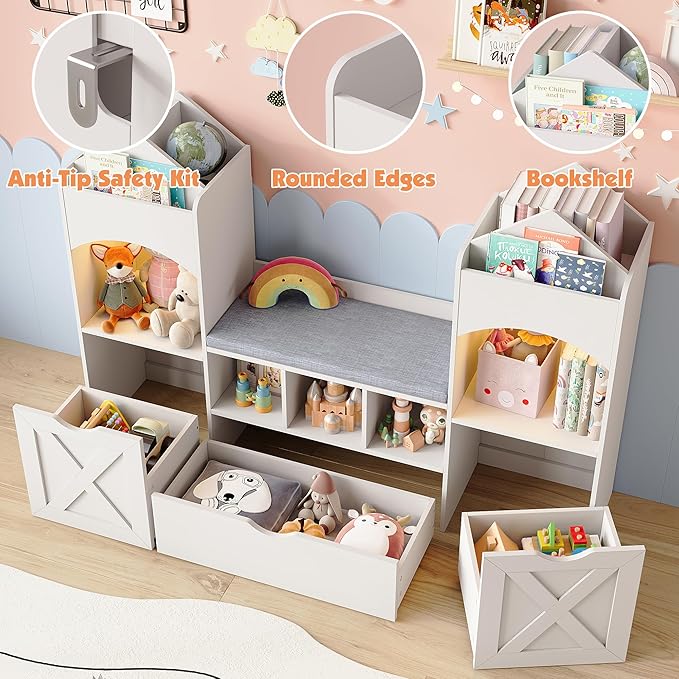 Vabches 54.3’’ Kids Bookshelf with Reading Nook, Toy Storage Organizer with Seat Cushion, LED Lights and 3 Movable Drawers, Castle-Shaped Bookcase with Bench for Playroom, Nursery, Bedroom (White)