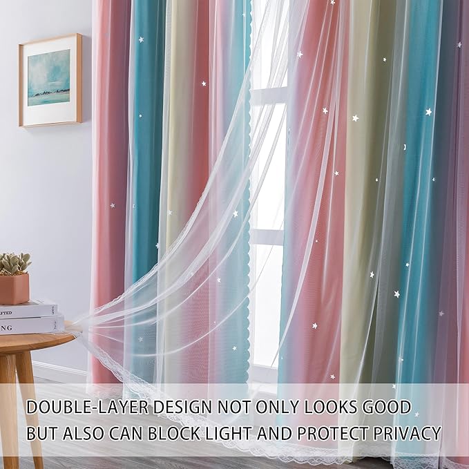 XiDi Blackout Curtains for Girls Bedroom Decor 2 Panels Set, Rainbow Star Design Ideal Drapes for Kids Room with Unicorn Theme Princess Room Decor 45 Inches Length Pink Blue Yellow 34x45
