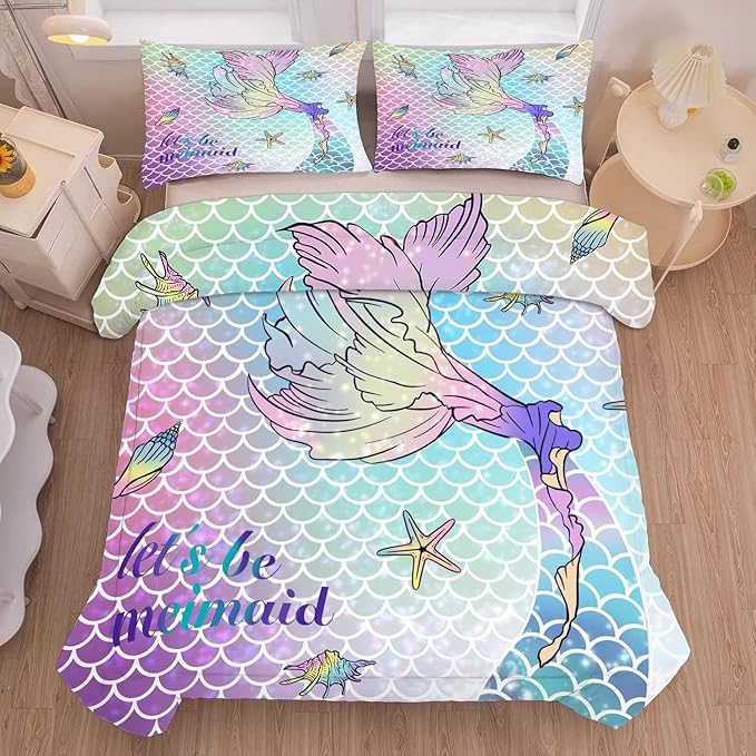 kxry Mermaid Tail Comforter Set Twin Size Gradient Fish Scales Sea Bedding Sets for Girls Teens Kids Ocean Starfish Conch Soft Microfiber Lightweight Comforter Set with 1 Comforter + 1 Pillow Case
