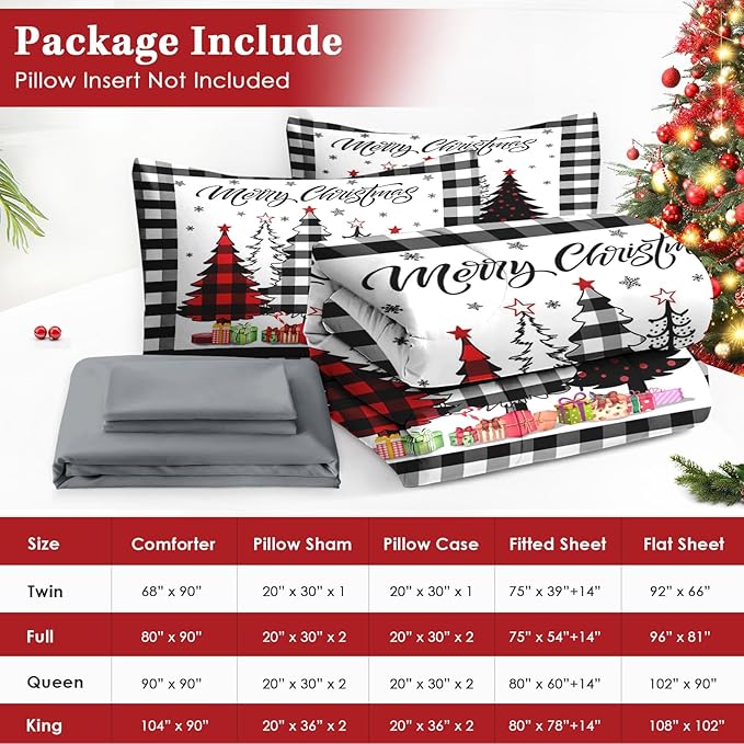 7 Pcs King Size Christmas Comforter Set with 2 Pillowcases & 2 Shams, Buffalo Check Plaid Tree Bedding for Kids and Adults, Winter Snowflake Bed in a Bag with Flat Fitted Sheet