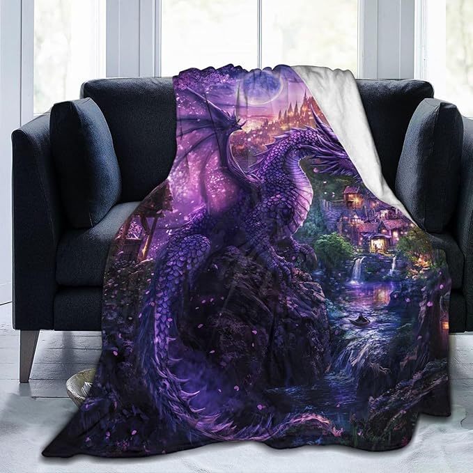 Dragon Blanket Purple Throw Blankets for Girls Boys Soft Warm Cool Mysterious Castle Throws Flannel Fleece Plush Animal Gifts for Kids Men Women Adults for Bed Sofa Bedding Decor 80"x60"