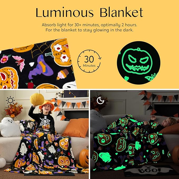 Joiedomi Glow in The Dark Blanket Pumpkin Black, Toys Gifts for Girls Age 2 3 4 5 6 7 8 9 10 11 12 Year Old, Soft Cozy Flannel Kids Throw Blanket, Christmas Birthday Present Bedroom Decor 50"×60"