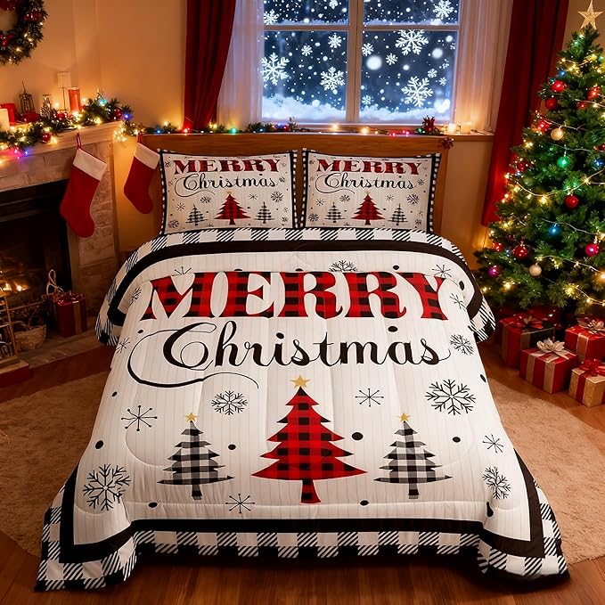 Merry Christmas New Year Kids Comforter Set Queen Size,Snowflake Pine Trees Bedding,Girls Boys Adults Bedroom/Xmas Cabin Decor,Grids Geometric Fashion Down Comforter,Rustic Duvet Insert,2 Pillowcases