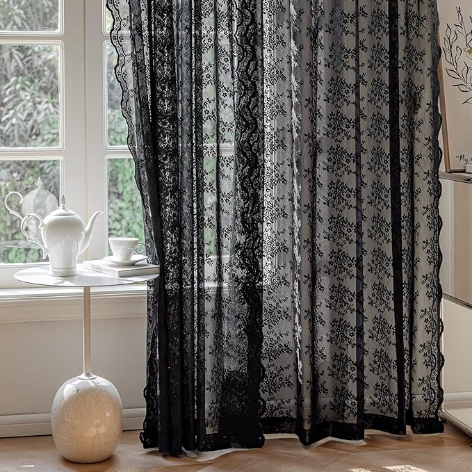 Anmao Vintage Lace Curtains 96 Inches Long 2 Panels Set, Romantic Elegant Light Filtering Semi Sheer Floral Thick Lacy Curtain Drapes for Living Room and Bedroom, Each Panel 55W x 96L, Black