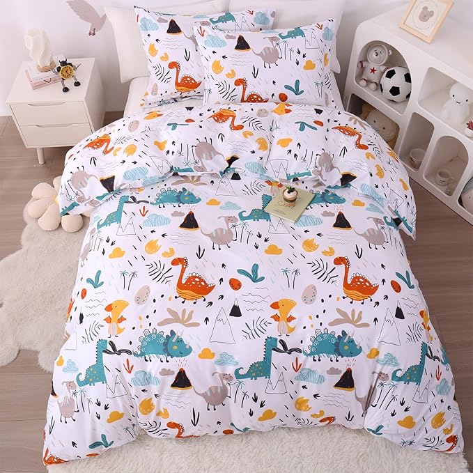 JSD Dinosaur Kids Duvet Cover Set Full Size, 3 Piece Soft Printed Microfiber Bedding Comforter Cover with Pillow Shams Zipper Closure, Comforter Not Included