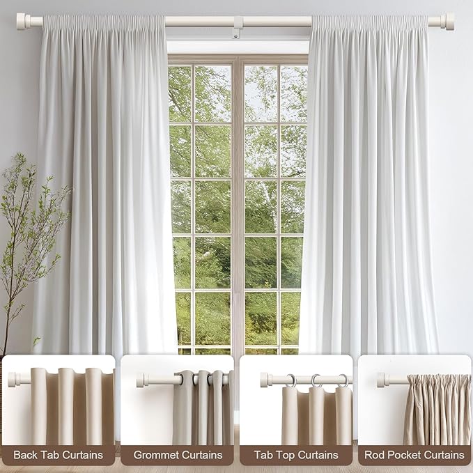 Modern White Curtain Rods for Windows 72 to 144 Inches Adjustable Length Heavy Duty 1" Diameter Window Curtain Rod with Decorative Finials for Outdoor Farmhouse Bedroom Kitchen Living Room