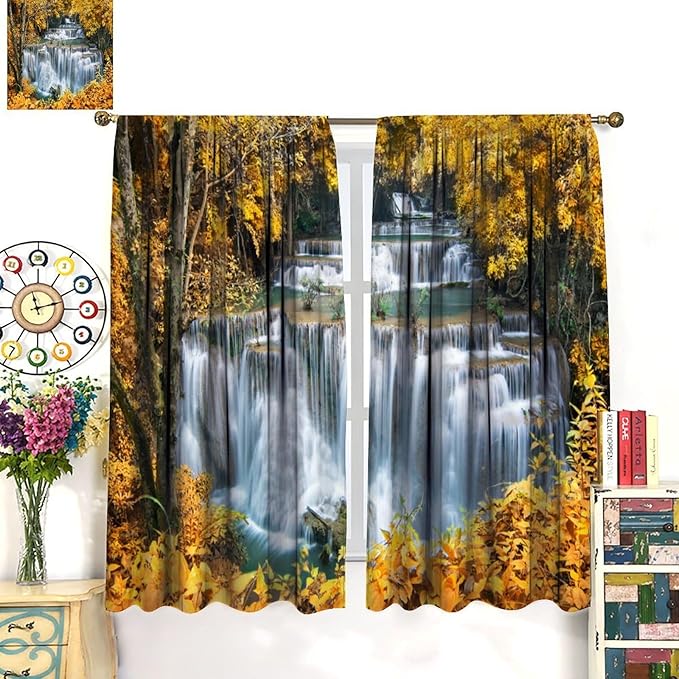 Waterfall Blackout Curtain, Autumn Season Trees Leaves Natural Landscape Window Drapes, for Bedroom Living Room 42" W X 63" L