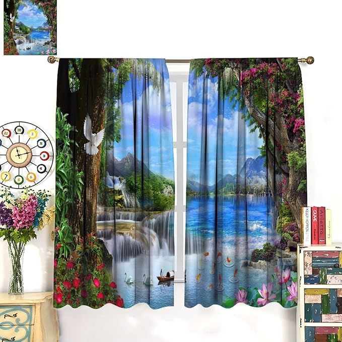 Spring Jungle Waterfall Blackout Window Curtains, Tropical Rainforest Floral Tree Waterfall Landscape Print Window Drapes, for Living Room Bedroom 84x84in