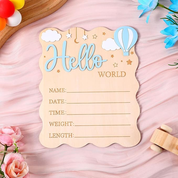 Hello World Newborn Sign, Wooden Newborn Announcement Sign, Boys Girls Birth Information Record Board with Hot Air Balloon Cloud Star Design for Photo Prop for Baby Shower Hospital Nursery