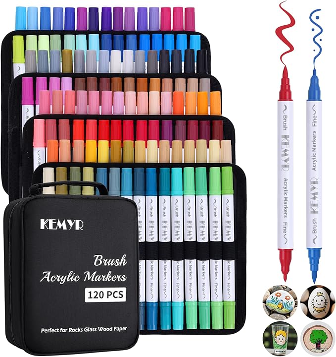 120 Colors Brush & Fine Tip Acrylic Paint Pens, Dual Tip Acrylic Paint Markers for Paper, Wood, Canvas, Stone, Rock, Glass, Fabric, DIY, Ceramic, Art Supplies for Adults Drawing
