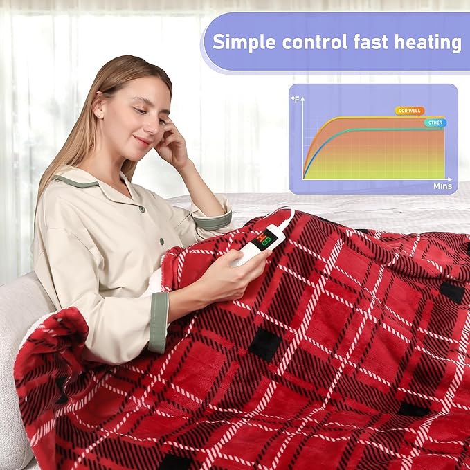 Electric Blanket Heated Twin, Soft Flannel 62"x84" Plaid Heating Blanket with 8 Hours Auto Off 10 Fast Heating Levels Machine Washable Sherpa Heated Blanket with Overheating Protection