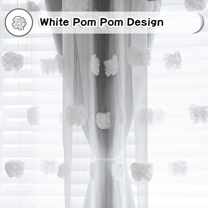 MYSKY HOME Grey Curtains for Bedroom - 54 Inch Long, Double Layer, White Pom Pom, Sheer, Grommet, Darkening, Small Window, 2 Panels, 52 x 54 in