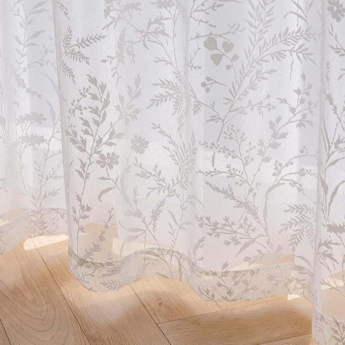 Anmao Vintage Lace Curtains 102 Inches Long 2 Panels Set, Romantic Elegant Light Filtering Semi Sheer Floral Thick Lacy Curtain Drapes for Living Room and Bedroom, Each Panel 55W x 102L, White Leaves