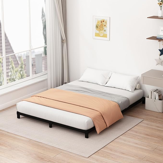 5 Inch Low Queen Bed Frame Heavy Duty Metal Platform, No Box Spring Needed, Easy Assembly Mattress Foundation, No Noise, Black